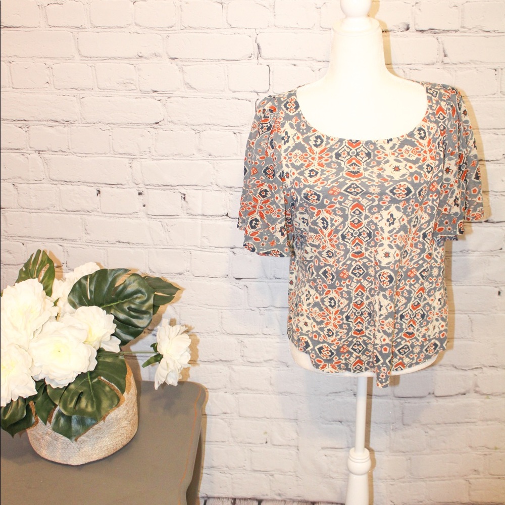 Lucky Brand Blue Paisley Boho Butterfly Sleeve Top